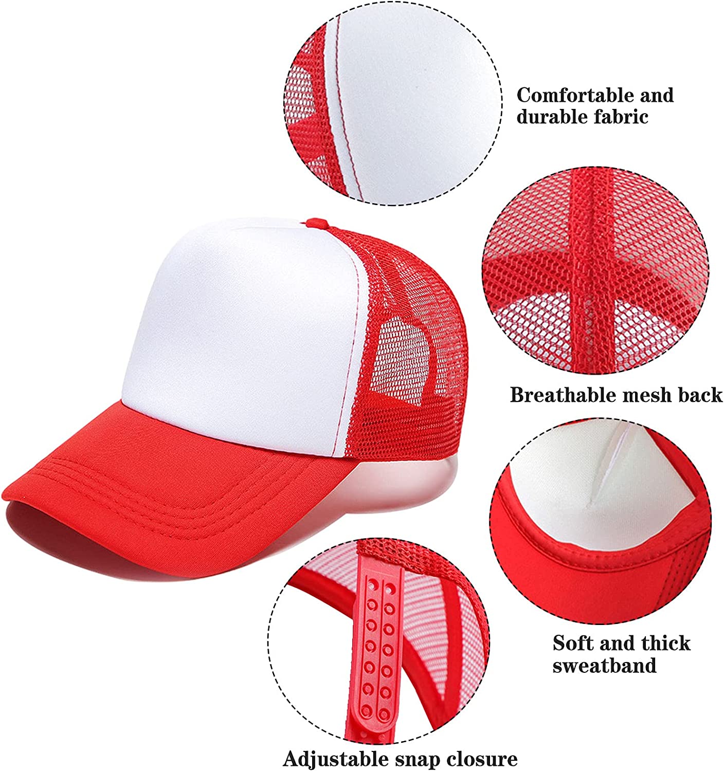 Gorra Malla Trucker, Tamaño Adulto, Color Rojo con frente Blanco, doble pupo, para Sublimacion personalizada o Bordar